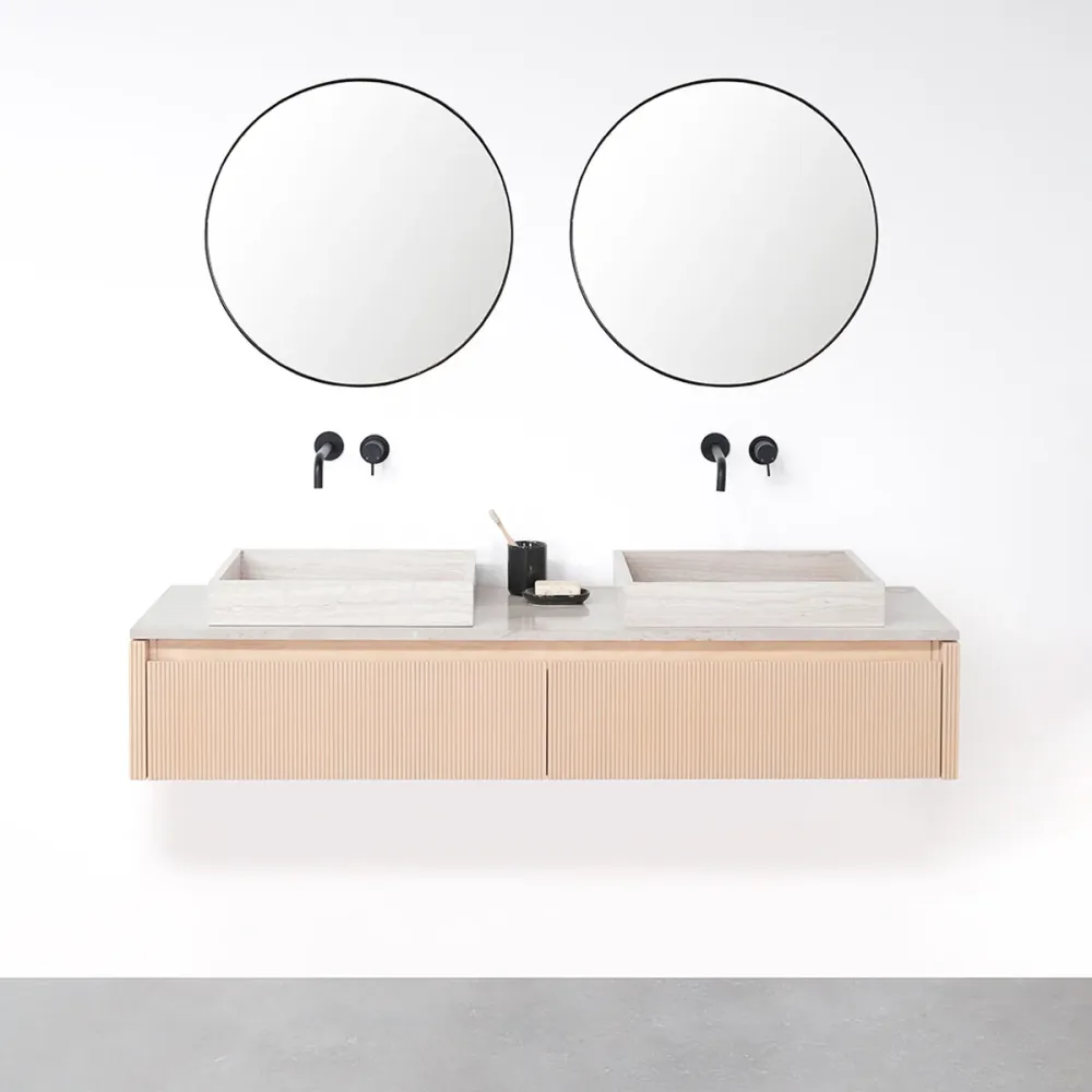 Badkamerkast Eik - Ahun - Wastafel Beige Marmer - Bovenplaat Ecru marmer - 150 cm CE Gecertificeerd | Drukbestendig