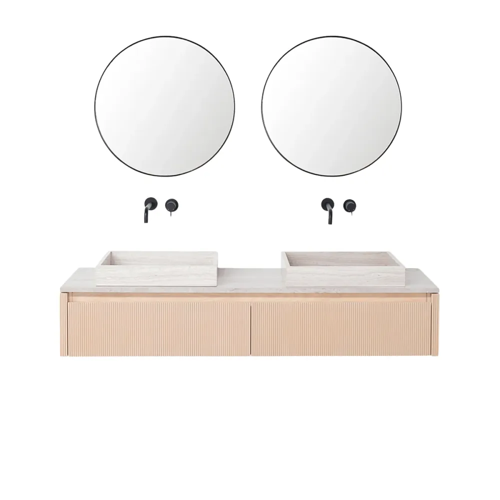 Badkamerkast Eik - Ahun - Wastafel Beige Marmer - Bovenplaat Ecru marmer - 150 cm CE Gecertificeerd | Drukbestendig