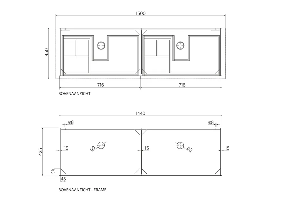 Badkamerkast Eik - Ahun - Wastafel Beige Marmer - Bovenplaat Ecru marmer - 150 cm CE Gecertificeerd | Drukbestendig
