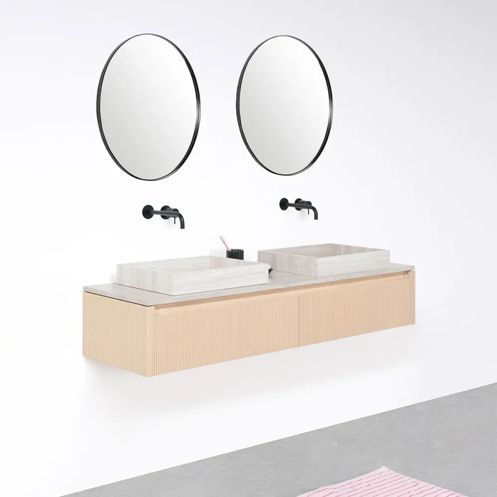 Badkamerkast Eik - Ahun - Wastafel Beige Marmer - Bovenplaat Ecru marmer - 150 cm CE Gecertificeerd | Drukbestendig