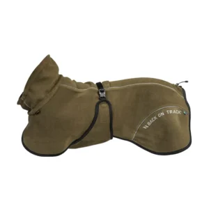 Bay Warme stof Dog Coat, High Set Tail Olive 70 met Overloopbeveiliging