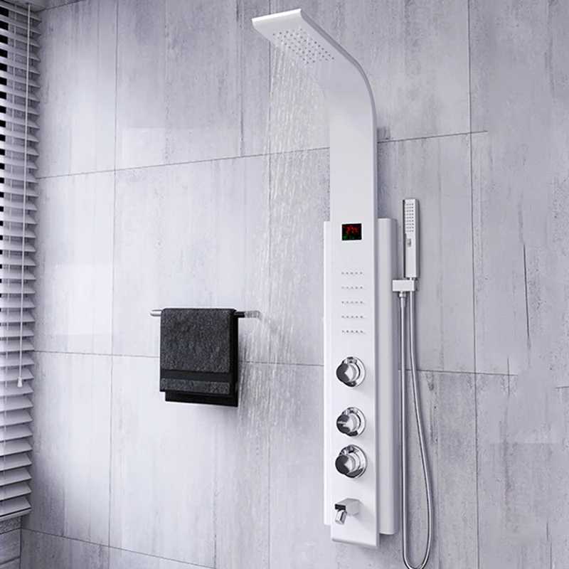 Hands-free White Shower Screen Set Slim Constant Temperature Bathroom Waterfall Rain Shower Head