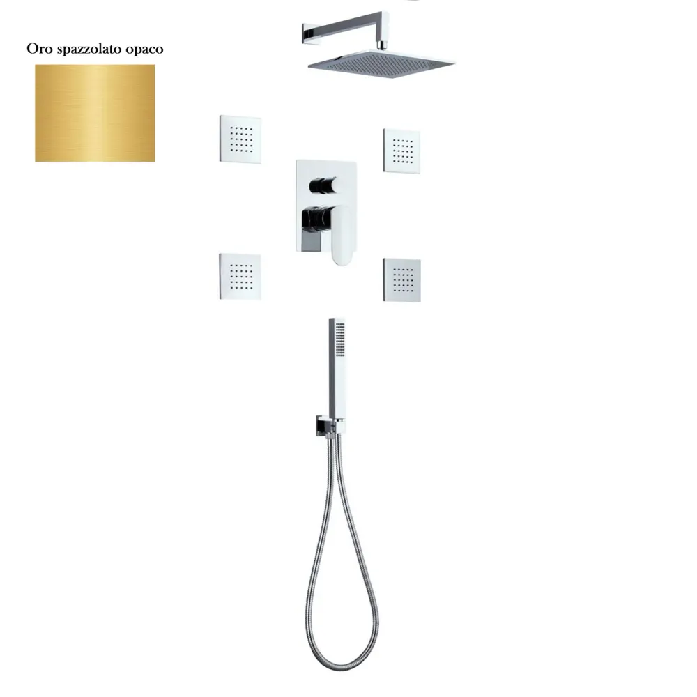 Shower set composed Paris showerhead, 4 body jets, shower and hose, and 3-way zachtglans gold diverter