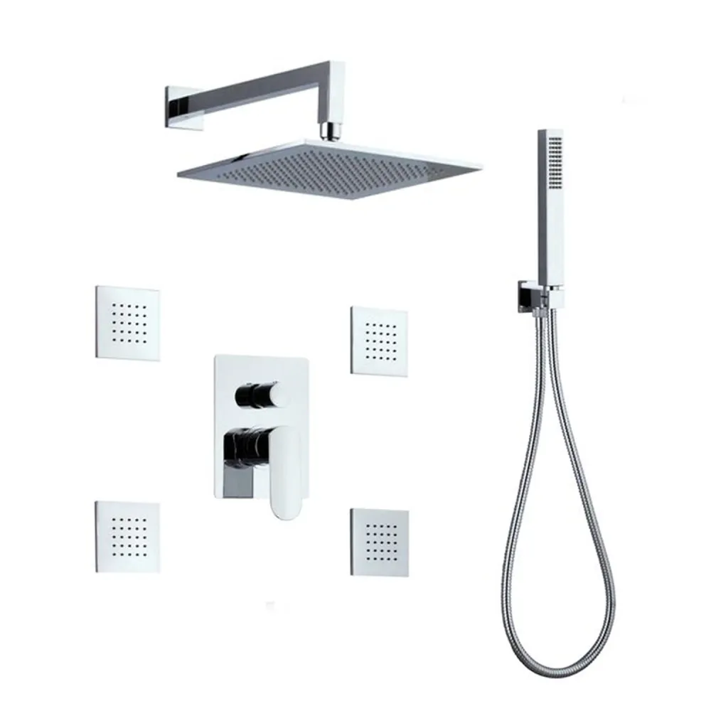 Shower set composed Paris showerhead, 4 body jets, shower and hose, and 3-way zachtglans gold diverter