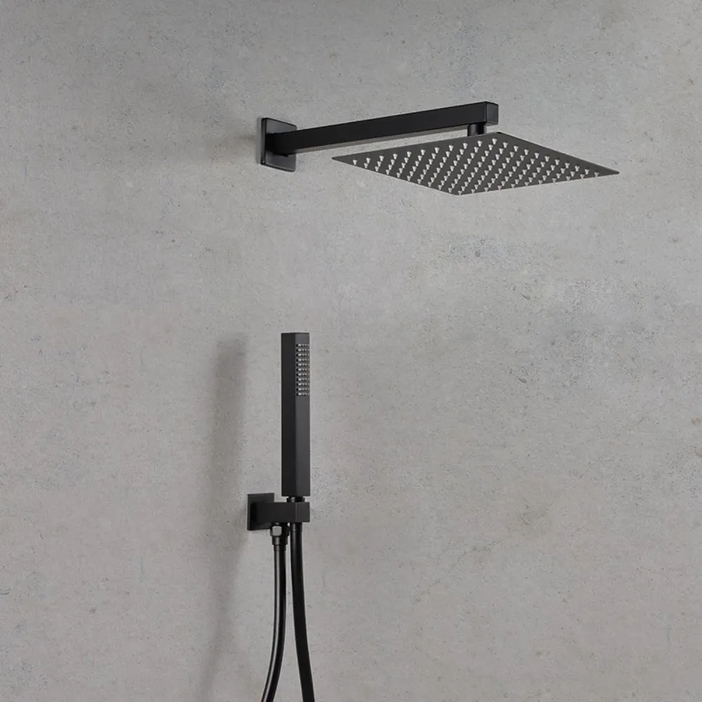Square shower set 25x25 cm showerhead, Amy hand shower, water inlet and matte zwart hose Ares
