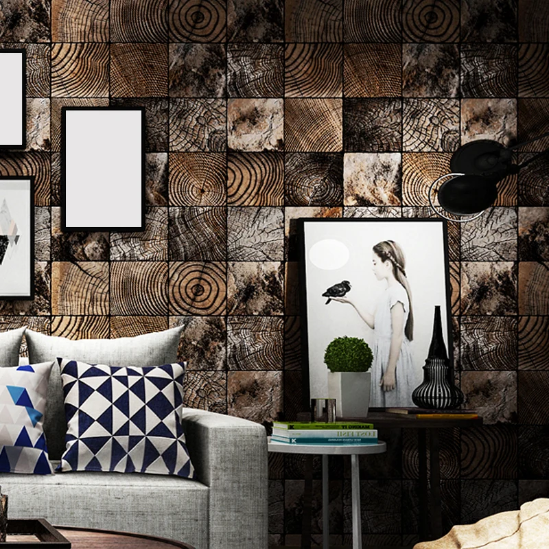 Geruit houtlook behang donkere kleur industriële wandbekleding voor de woonkamer 25 patronen