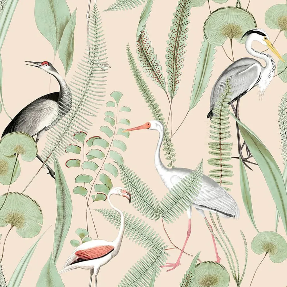 DUTCH WALLCOVERINGS Behang Flamingo crème- en mintkleurig met behanglijm inbegrepen