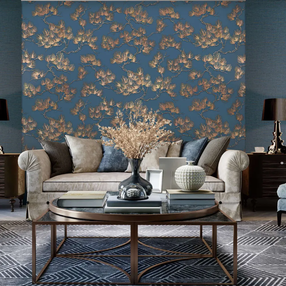 DUTCH WALLCOVERINGS Behang Grenen Tree goudkleurig en blauw