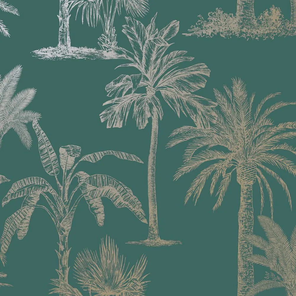 DUTCH WALLCOVERINGS Behang Tropical Trees petrol en zilverkleurig