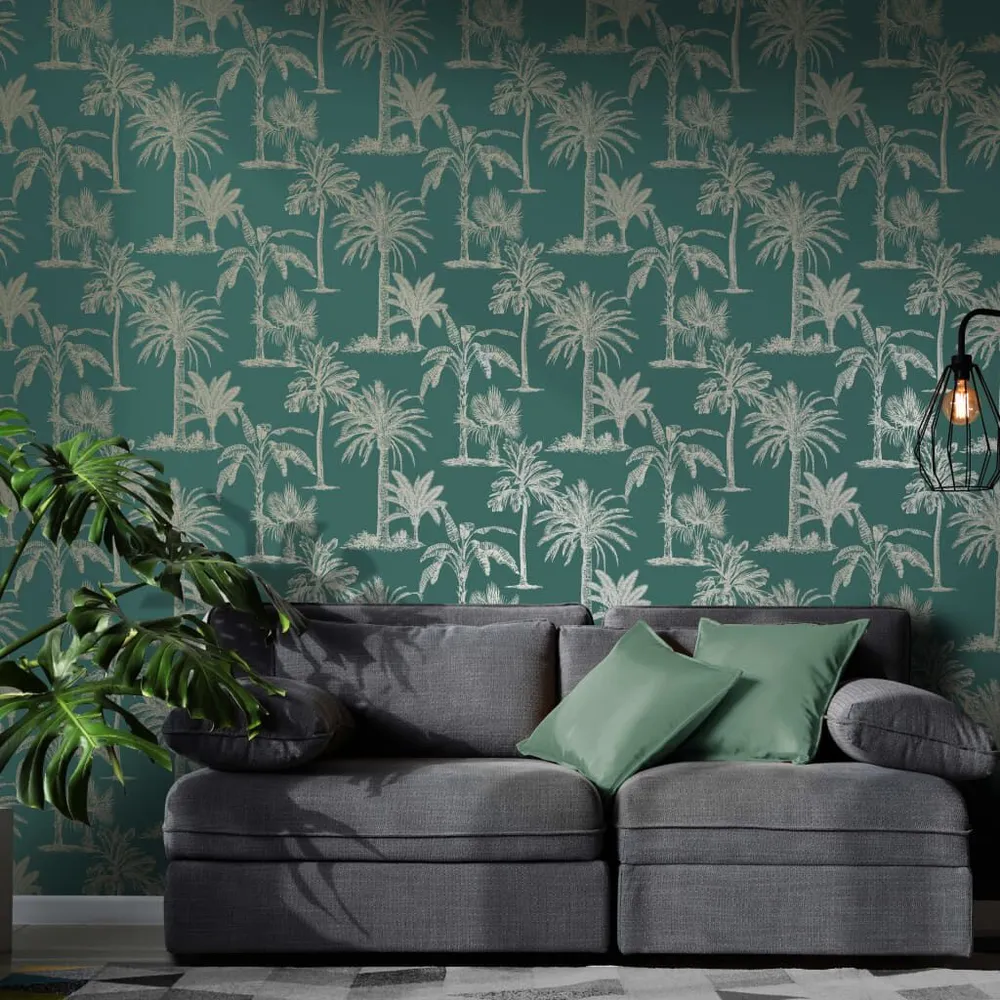 DUTCH WALLCOVERINGS Behang Tropical Trees petrol en zilverkleurig