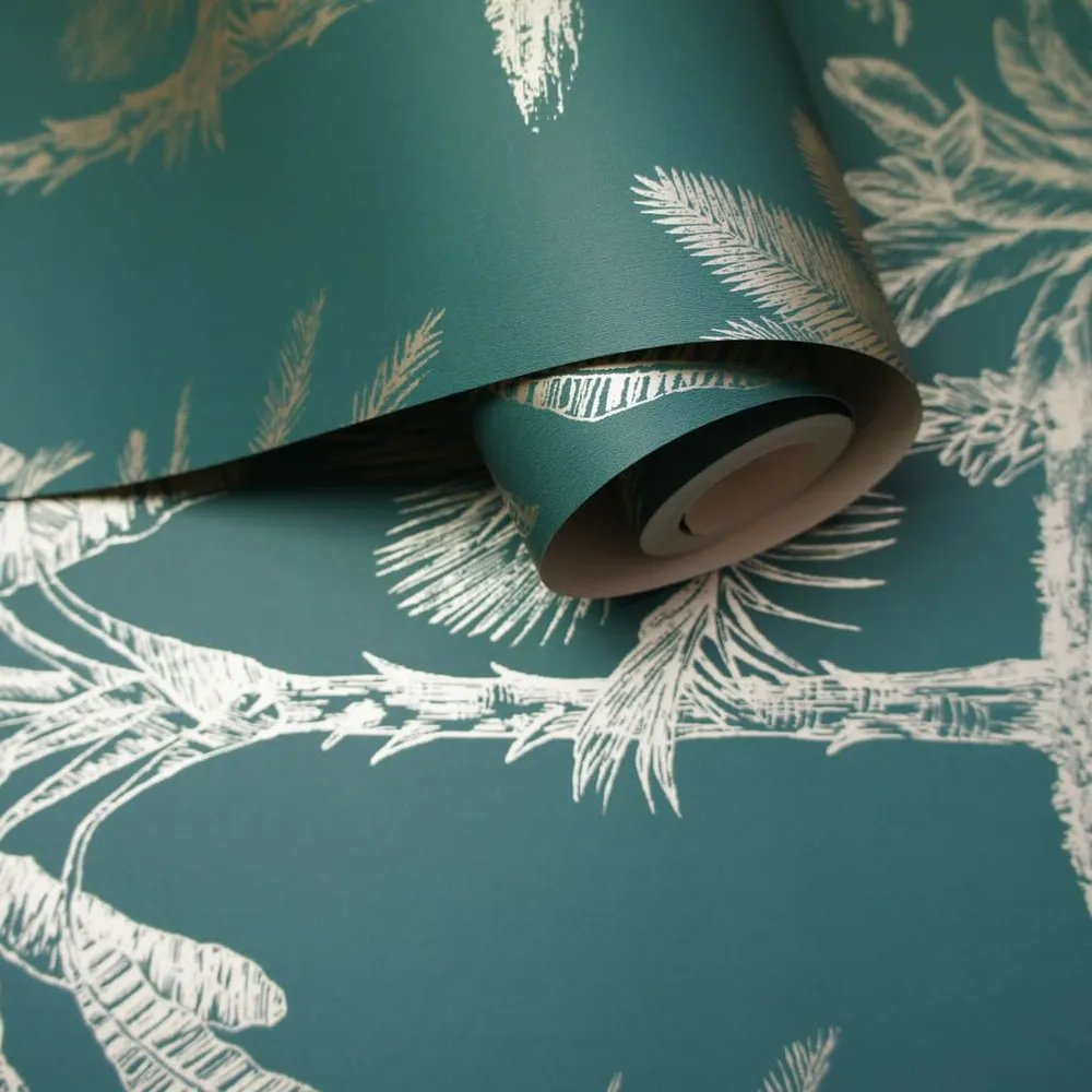 DUTCH WALLCOVERINGS Behang Tropical Trees petrol en zilverkleurig