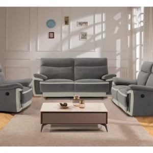 Elektrische relaxfauteuil van fluweel METTI - Grijs en banden van ecru