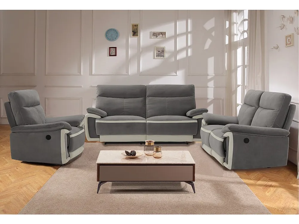 Elektrische relaxfauteuil van fluweel METTI - Grijs en banden van ecru