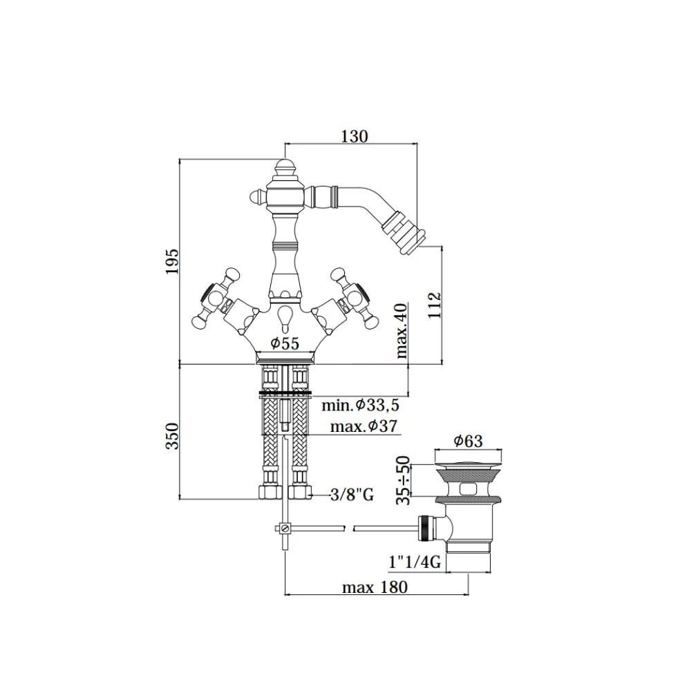 Single-hole bidet group Belinda series model FBLV135CO gold chroom Paffoni