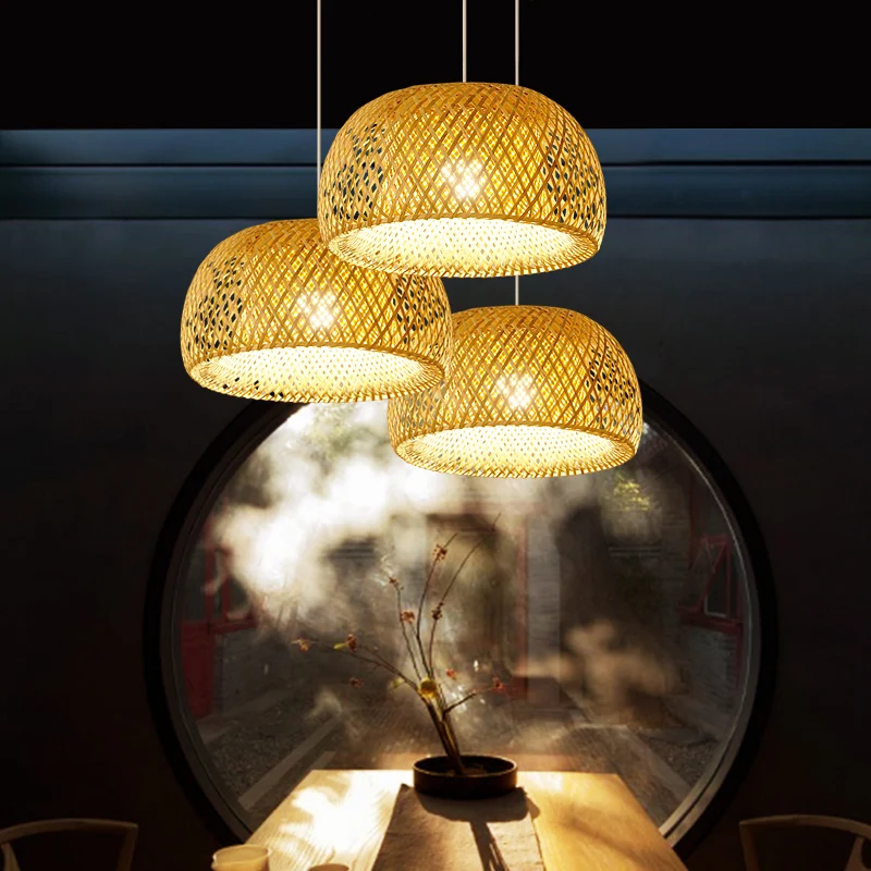 IP44 Waterdichte Cross-Weaving Dome Bamboo Pendant Lighting Chinese 1 Light Natuurtint Hanging Ceiling Light over Table, 1...