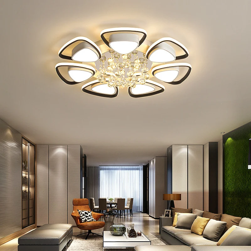 Plafondinbouwmontage met metalen bloemblaadjes, eigentijdse LED-zwart-witte binnenverlichting met kristallen drapering, wa...