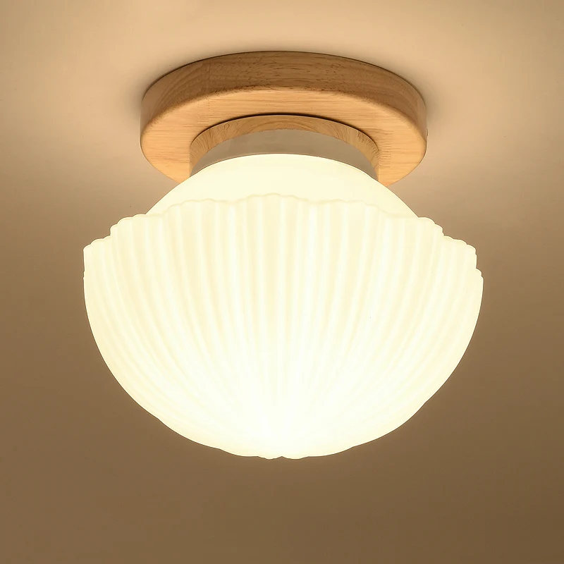 Schaduwrijke entree-inbouwverlichting Wit glas Nordic LED-plafondlamp met houten luifel met Afstandsbediening