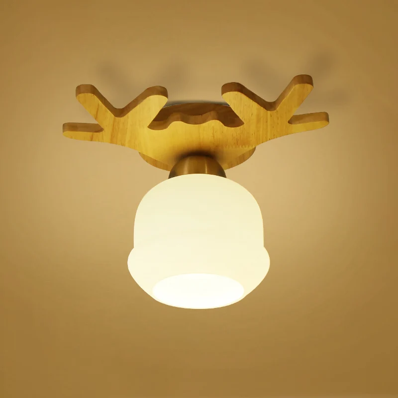 Schaduwrijke entree-inbouwverlichting Wit glas Nordic LED-plafondlamp met houten luifel met Afstandsbediening
