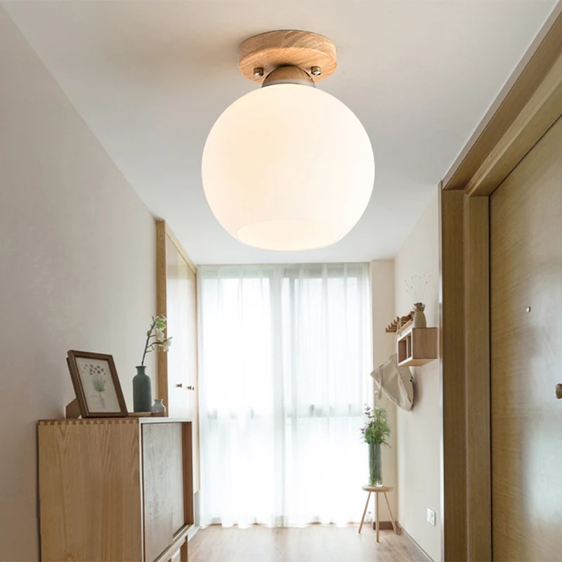 Schaduwrijke entree-inbouwverlichting Wit glas Nordic LED-plafondlamp met houten luifel met Afstandsbediening