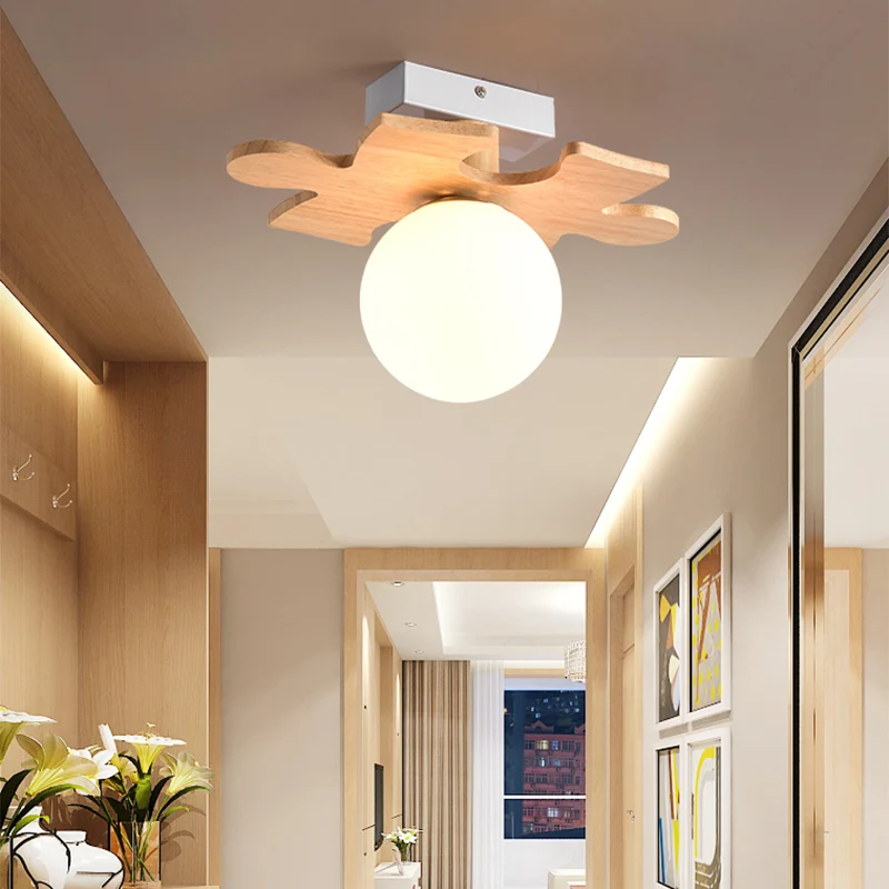 Schaduwrijke entree-inbouwverlichting Wit glas Nordic LED-plafondlamp met houten luifel met Afstandsbediening
