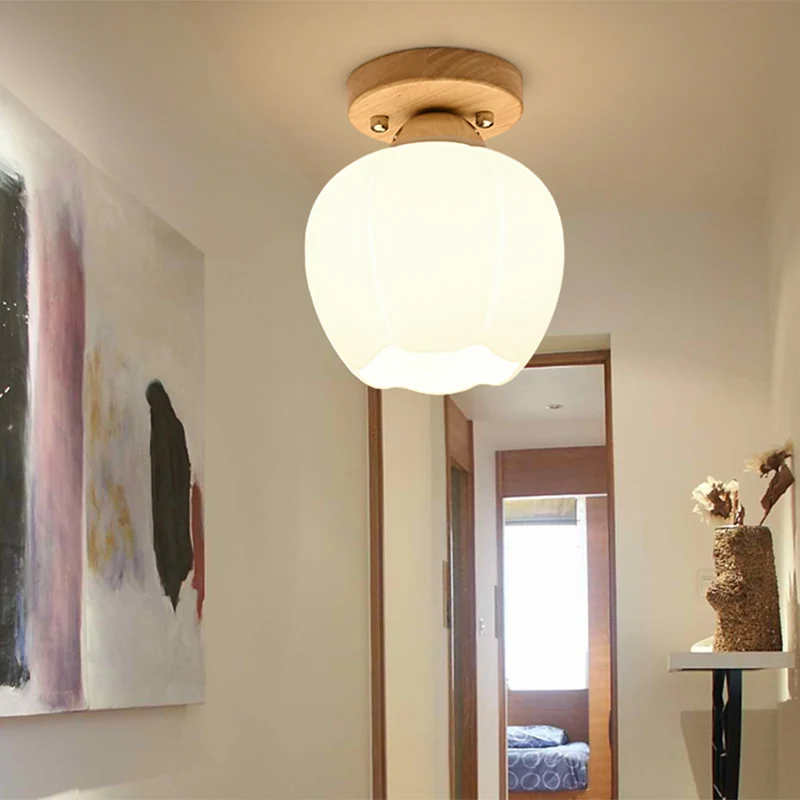 Schaduwrijke entree-inbouwverlichting Wit glas Nordic LED-plafondlamp met houten luifel met Afstandsbediening