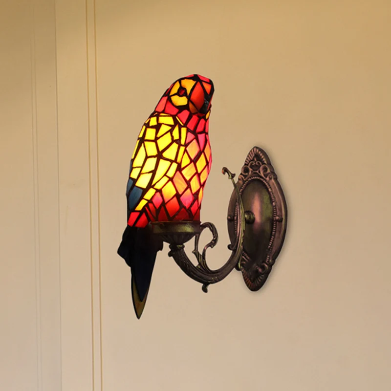 Tiffany Parrot Wandkandelaar met kleurrijk glas 1-lichts wandmontagelamp voor binnen voor gang met Afstandsbediening
