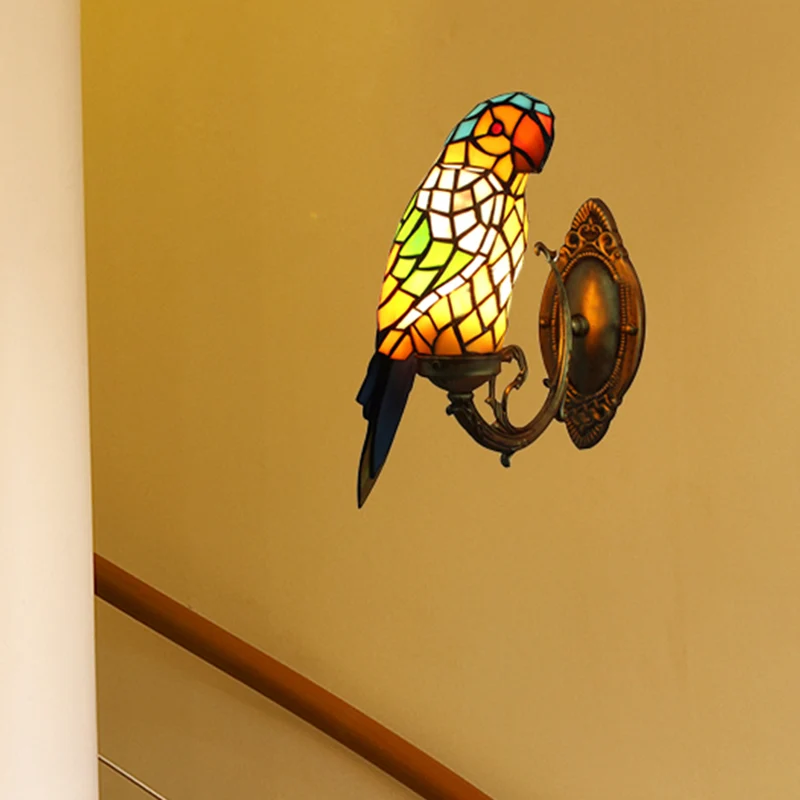 Tiffany Parrot Wandkandelaar met kleurrijk glas 1-lichts wandmontagelamp voor binnen voor gang met Afstandsbediening