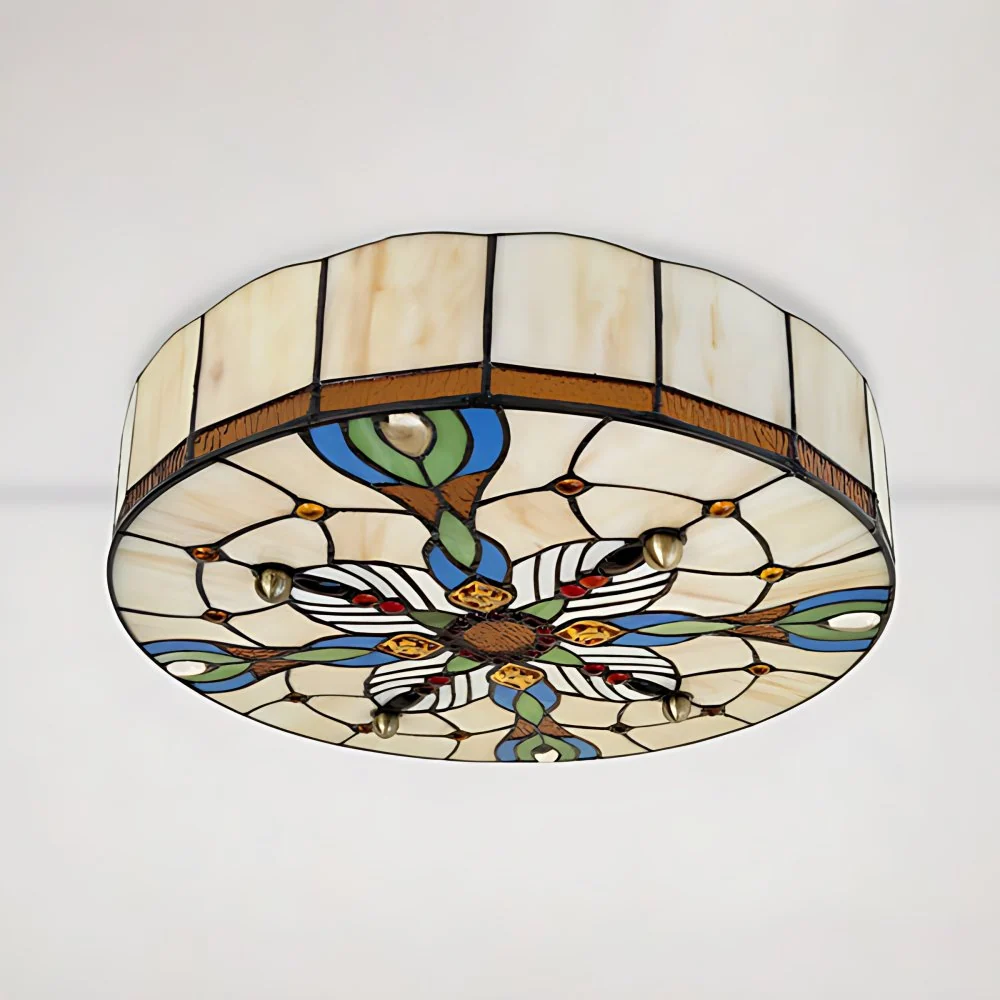 16"/19,5" breed Drum Flush plafondlicht Tiffany Lodge gebrandschilderd glas schaduw inbouw licht ecru voor eetkamer