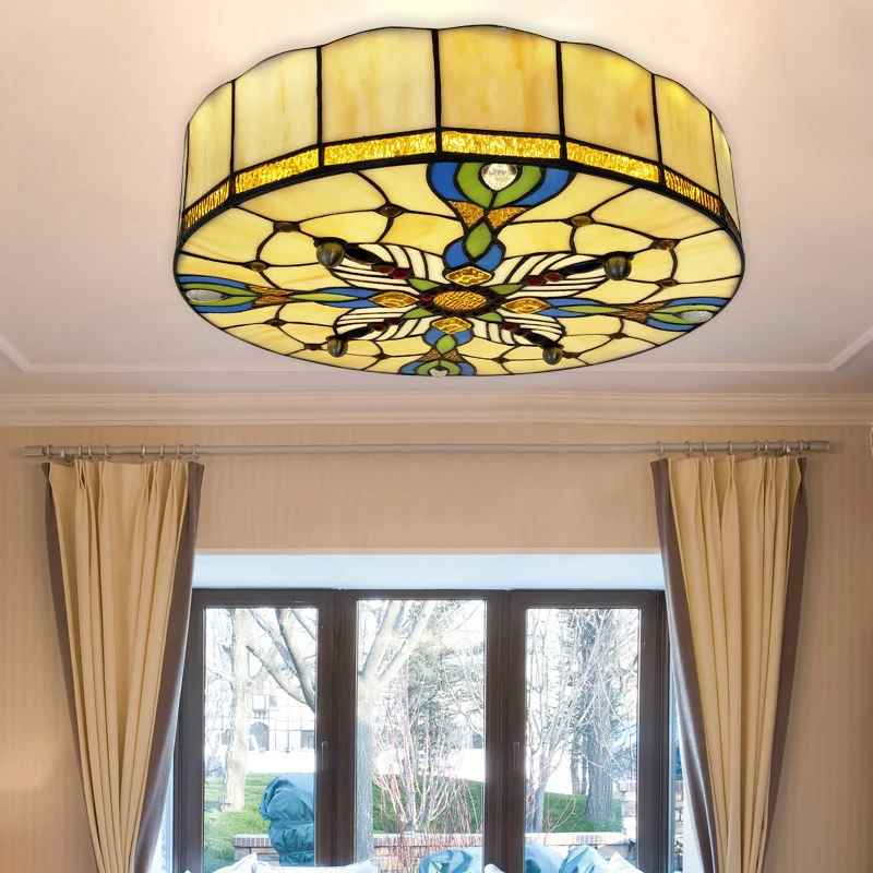 16"/19,5" breed Drum Flush plafondlicht Tiffany Lodge gebrandschilderd glas schaduw inbouw licht ecru voor eetkamer
