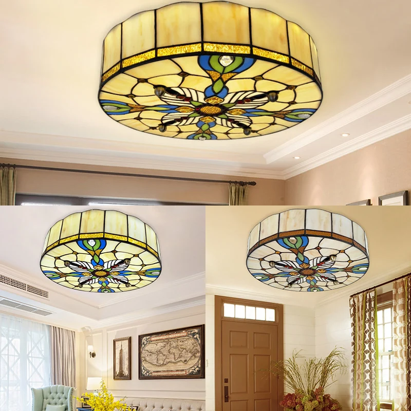 16"/19,5" breed Drum Flush plafondlicht Tiffany Lodge gebrandschilderd glas schaduw inbouw licht ecru voor eetkamer