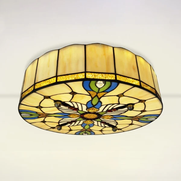 16"/19,5" breed Drum Flush plafondlicht Tiffany Lodge gebrandschilderd glas schaduw inbouw licht ecru voor eetkamer