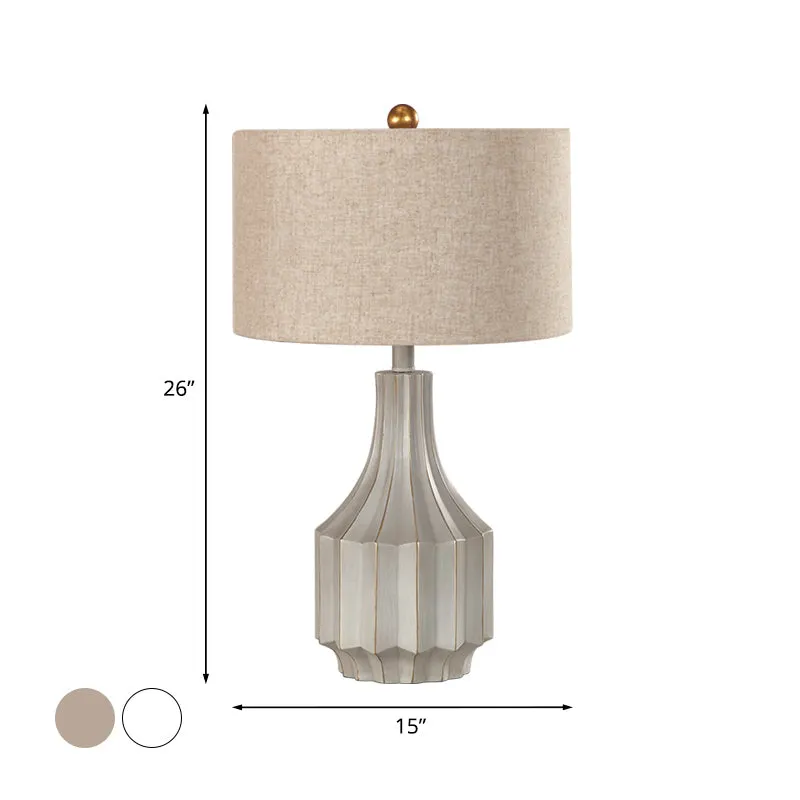 1-Light Drum Table Lamp Countryside White/Beige Fabric Reading Book Lighting Ridged Vase Base | Snel Thuisbezorgd White