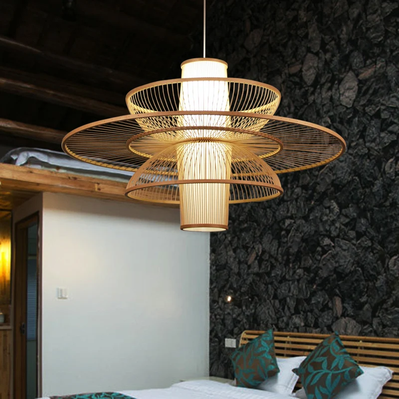 Lotus-achtige bamboe ophangverlichting Minimalistische 1-kops houten hangende plafondlamp voor theesalon | Snel Thuisbezorgd