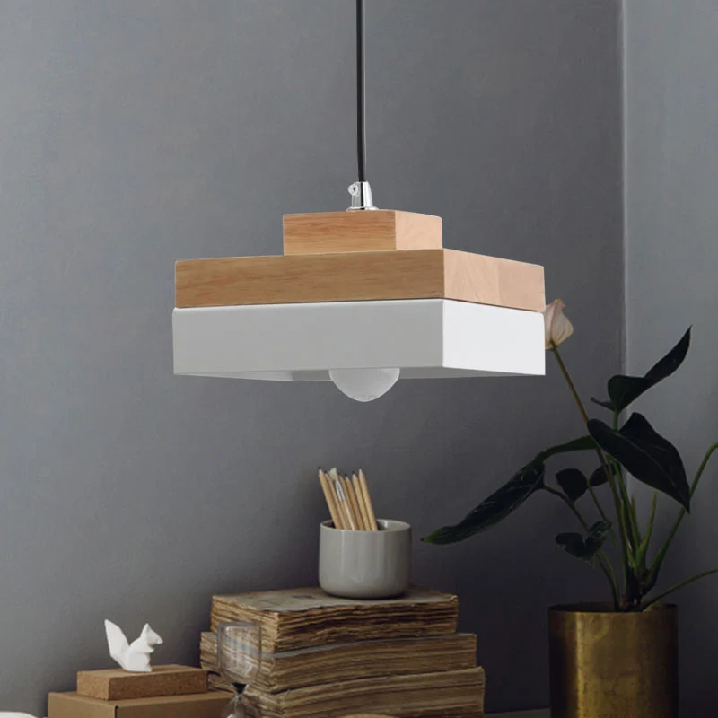 Macaron Loft Round/Square Pendant Lighting Enkel Light Wood Pendant Lamp Dining Room Bookstore White