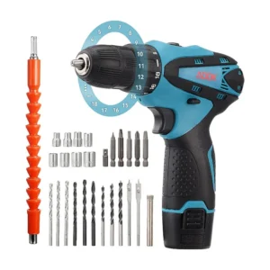 Accuboormachine met LED-licht - 12V - 1*1,5Ah Accu's - 30 accessoires - borstelmotor - blauw