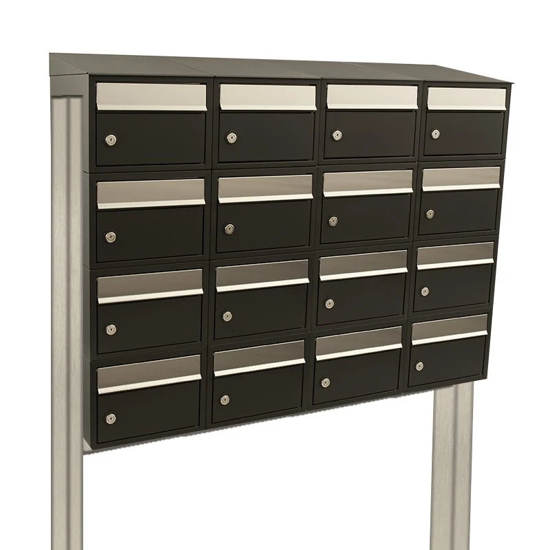 Brievenbusunit Brickset 4-breed, 4-hoog met dak en statief Zwart 201x122x38 cm (HxBxD) met Sleutelvergrendeling