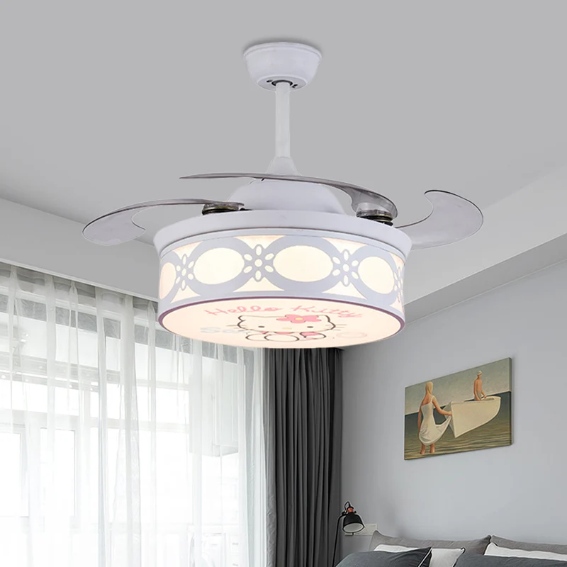 4 bladen Drum semi-inbouwlamp kinderen metaal slaapkamer 36" W LED hangende hangende ventilator zacht wit/roze met cartoon...