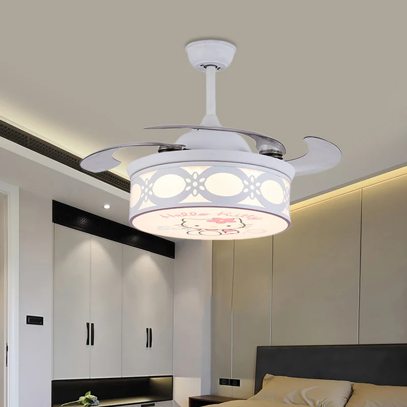 4 bladen Drum semi-inbouwlamp kinderen metaal slaapkamer 36" W LED hangende hangende ventilator zacht wit/roze met cartoon...