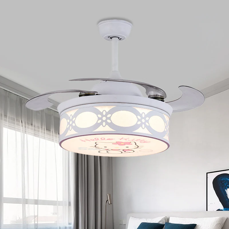 4 bladen Drum semi-inbouwlamp kinderen metaal slaapkamer 36" W LED hangende hangende ventilator zacht wit/roze met cartoon...