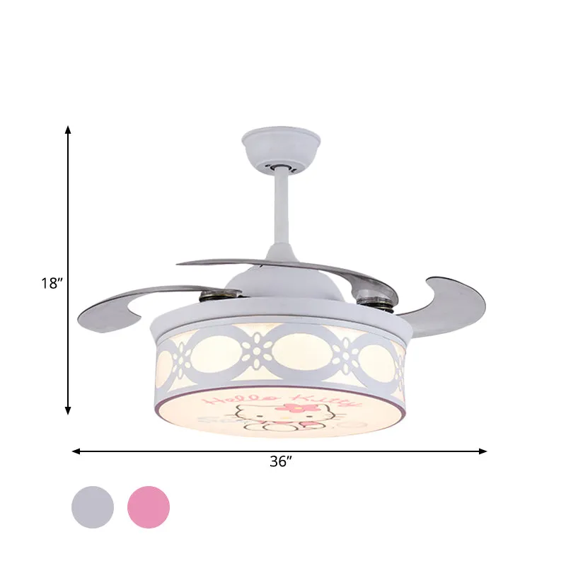 4 bladen Drum semi-inbouwlamp kinderen metaal slaapkamer 36" W LED hangende hangende ventilator zacht wit/roze met cartoon...