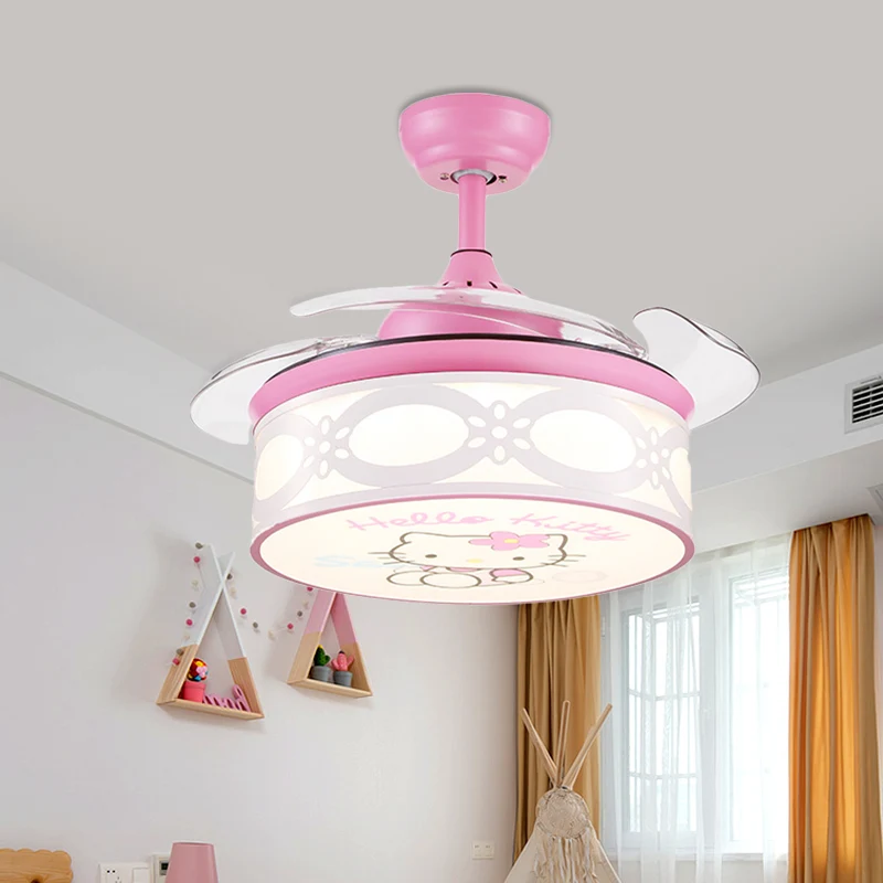 4 bladen Drum semi-inbouwlamp kinderen metaal slaapkamer 36" W LED hangende hangende ventilator zacht wit/roze met cartoon...