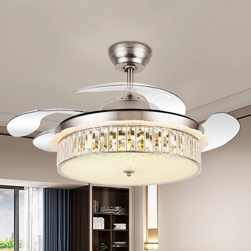 Drum hangende ventilatorlamp armatuur minimalistisch kristal rechthoek zilver/goud 19" breedte LED semi-flush met 4-blade...
