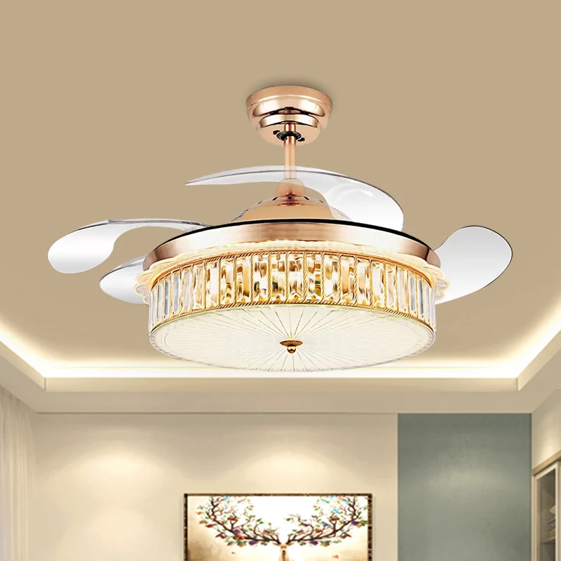 Drum hangende ventilatorlamp armatuur minimalistisch kristal rechthoek zilver/goud 19" breedte LED semi-flush met 4-blade...