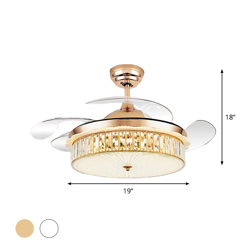 Drum hangende ventilatorlamp armatuur minimalistisch kristal rechthoek zilver/goud 19" breedte LED semi-flush met 4-blade...