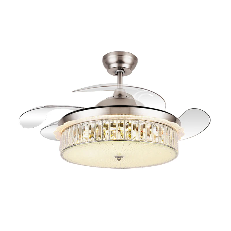 Drum hangende ventilatorlamp armatuur minimalistisch kristal rechthoek zilver/goud 19" breedte LED semi-flush met 4-blade...