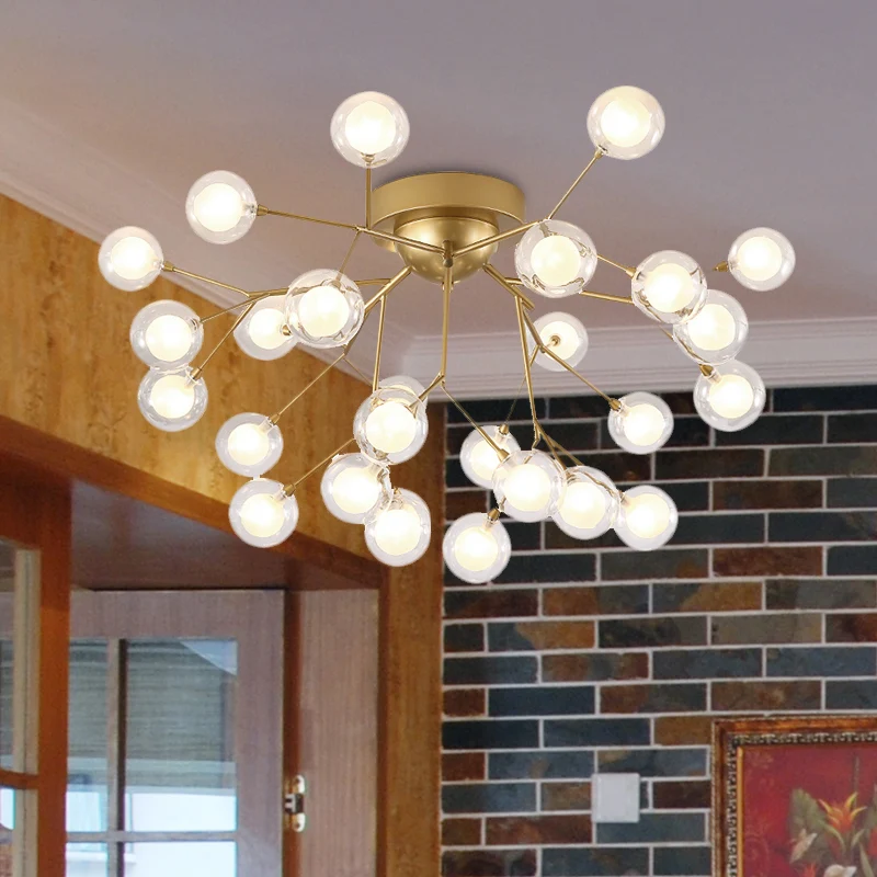 Energiezuinige LED Multi-head Plant Semi-plafondmontagelamp Romantische metalen glazen plafondlamp goud voor hotel