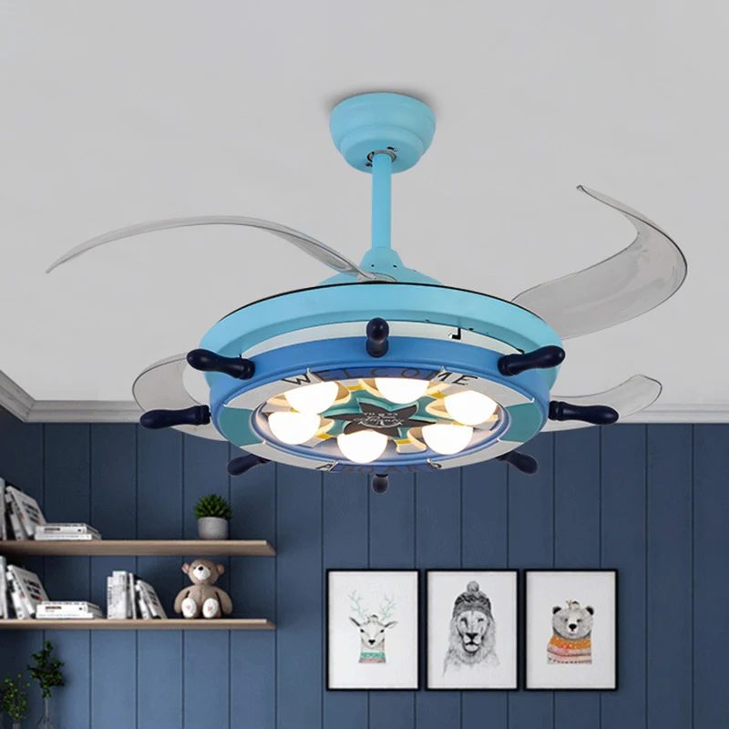 Metalen roer semi-inbouw plafondlamp kinderen 42 inch brede LED blauwe hangende ventilatorlamp met 4 heldere bladen - Incl...