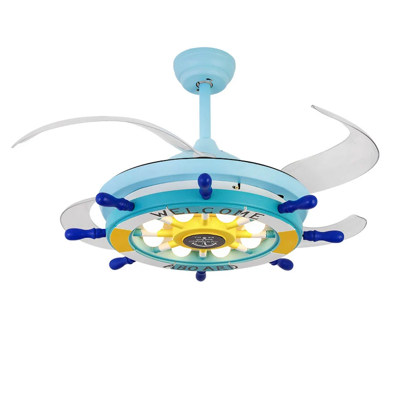 Metalen roer semi-inbouw plafondlamp kinderen 42 inch brede LED blauwe hangende ventilatorlamp met 4 heldere bladen - Incl...