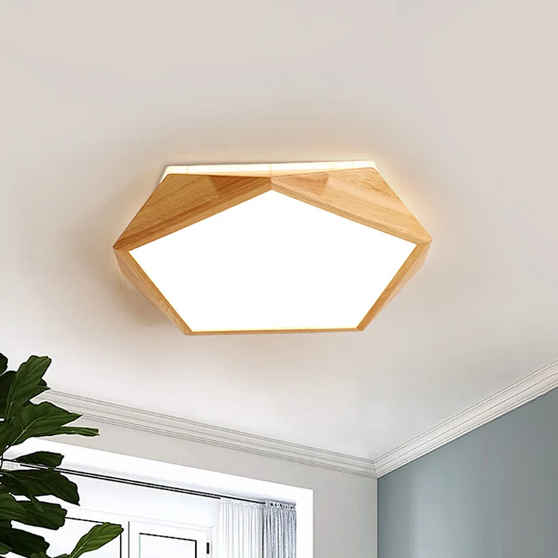 Modernist Pentagon Ceiling Flush Wood 16.5"/20.5" Sprei LED Bedroom Flush Mount Lamp Beige, Warm/White Light - Incl. Garan...