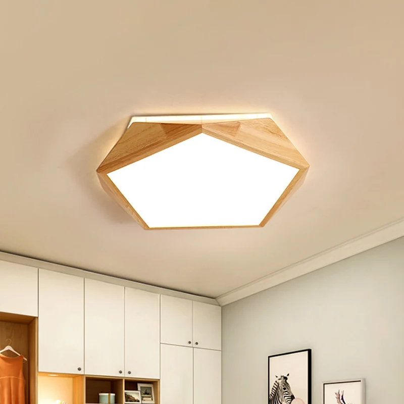 Modernist Pentagon Ceiling Flush Wood 16.5"/20.5" Sprei LED Bedroom Flush Mount Lamp Beige, Warm/White Light - Incl. Garan...